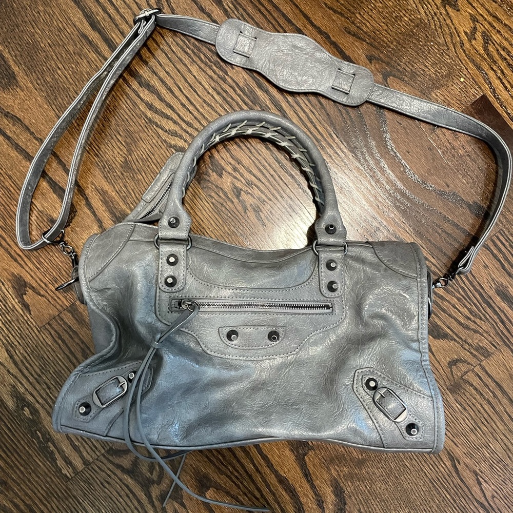 Grey handbag (similar to Balenciaga moto bag)